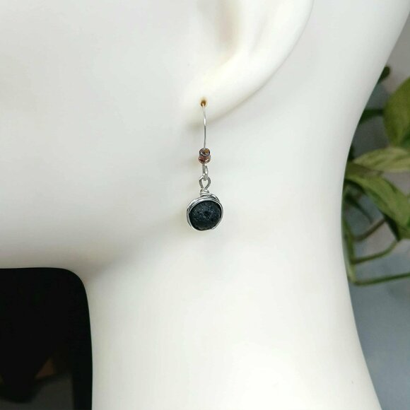 Lava Rock Beaded Dangle Earrings, Hammered Earrings, 1.5" - Picture 1 of 6